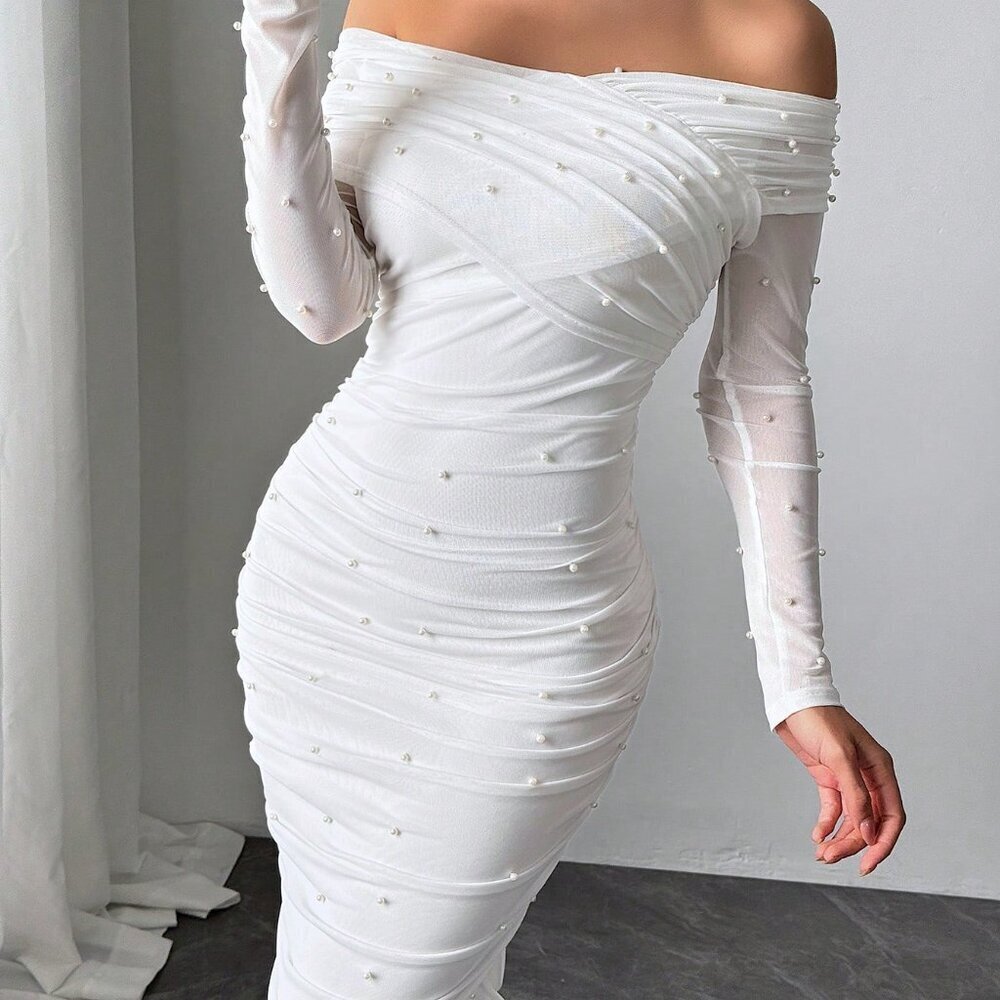 White Elegant Women's Open Shoulder Ruched Maxi Dress with Pearl Decor - Picture 8 of 8